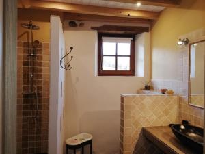 ein Bad mit einem Waschbecken und einer Glasdusche in der Unterkunft Domaine Insolite du Petit Moras in Chomérac
