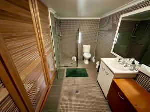 een badkamer met een douche, een toilet en een wastafel bij NY Special Granny Flat in Mosman in Sydney