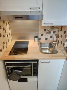 a small kitchen with a sink and a microwave at Appartement tout équipé au cœur de Fontainebleau in Fontainebleau