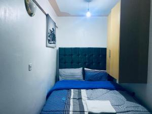 een slaapkamer met een blauw bed in een kamer bij Providence suites in Nairobi