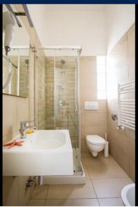 een badkamer met een douche, een wastafel en een toilet bij B&B Teta Vieste in Vieste