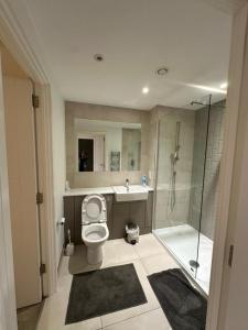 uma casa de banho com um chuveiro, um WC e um lavatório. em Stunning 1-Bed Apartment in London em Hendon