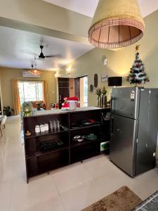 a kitchen with a refrigerator and a christmas tree at The Olive Nest in Verla