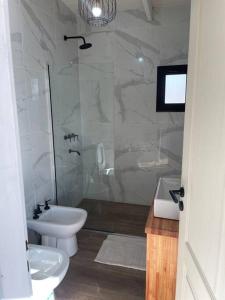 a bathroom with a shower and a toilet and a sink at Cabaña Patagonia in El Calafate