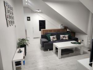 ein Wohnzimmer mit einem Sofa und einem Tisch in der Unterkunft Apartament Wiktoria in Łańcut