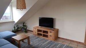 a living room with a flat screen tv on a wooden cabinet at Apartment Hersbruck 4 ROOMS Ausblick WLAN Zentral und Natur in Hersbruck