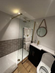 a bathroom with a shower and a toilet and a sink at The stables at the Grange in York