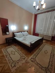 1 dormitorio con 1 cama con 2 alfombras en Red cross 58 apartment, en Vračar (historical)