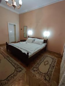 Red cross 58 apartment في Vračar (historical): غرفة نوم بسرير كبير مع وجود مصباحين على الحائط