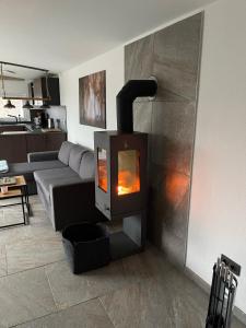 un soggiorno con stufa a legna in camera di Saale-Residenz a Unterwellenborn