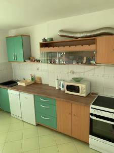 a kitchen with green cabinets and a microwave at Apartman Pero in Kikinda