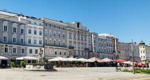 un grande edificio con una statua davanti di LINZ CITY CENTER - Historisches Apartment & Refugium a Linz