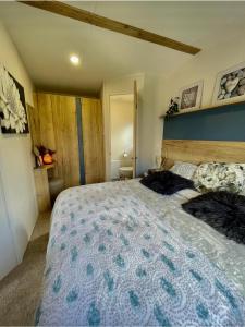 a bedroom with a large bed in a room at Janet's Beautiful Country Caravan in Pwllheli
