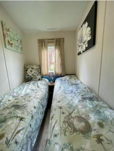 a bedroom with two beds in a room at Janet's Beautiful Country Caravan in Pwllheli