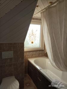 a bathroom with a bath tub and a window at Central Hotel in Schwetzingen