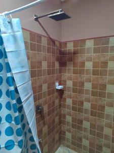 a bathroom with a shower with a blue shower curtain at Cabinas Agamy in Tortuguero