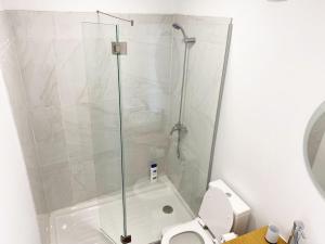 a bathroom with a shower and a toilet at Machico center w/ terrace 5 min beach in Machico