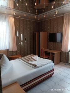 a bedroom with a bed and a desk and a television at Central Hotel in Schwetzingen