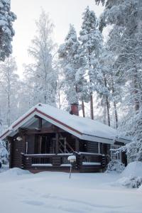 une cabane en rondins avec de la neige au-dessus dans l'établissement Villa Omena at MESSILA ski & camping, à Hollola