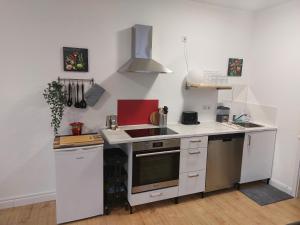 a kitchen with a sink and a stove top oven at Villa Bianca - Holiday & Business in Elsenfeld +13 photos