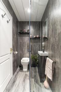 een badkamer met een douche, een toilet en een wastafel bij Iona in Stirling