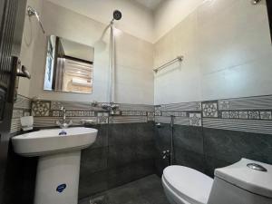 a bathroom with a sink and a toilet and a mirror at Dream Plaza in Gujrānwāla