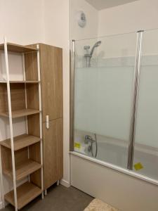 a bathroom with a shower and a glass shower backdoor at Appt spacieux et calme prox Disney-CDG-Stade de France in Le Blanc-Mesnil +10 photos
