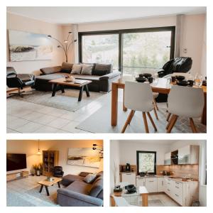 two pictures of a living room with a couch and a table at Stylisches modernes Apartment, Sauna und Wellness Top Lage in Lübbecke