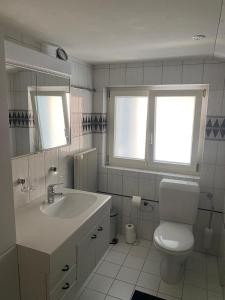 uma casa de banho com um lavatório, um WC e 2 janelas. em DG Russi Bella Vista em Andermatt