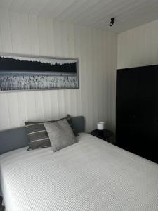 1 dormitorio con 1 cama y una foto en la pared en Modernūs apartamentai Svencelėje, en Svencelė