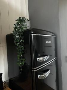 un refrigerador negro con una maceta al lado en Modernūs apartamentai Svencelėje, en Svencelė