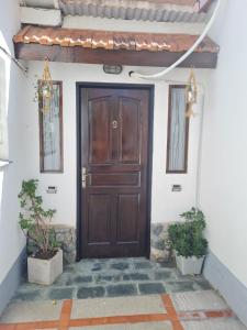 eine Holztür eines Hauses mit zwei Topfpflanzen in der Unterkunft LEO-DI-MAR in Villa Gesell