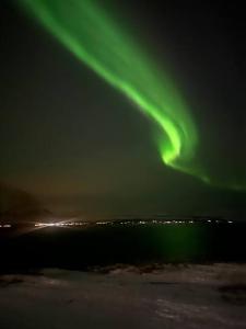 a green light in the sky over the water at Koselig leilighet med havutsikt in Tromsø