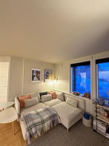 a living room with a white couch and two windows at Koselig leilighet med havutsikt in Tromsø