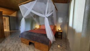 a bedroom with a bed with a mosquito net at Chez Nous Chez Vous in Toubakouta