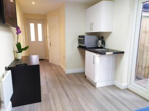 a kitchen with a counter and a microwave in a room at The Beech Flat - Self contained one bedroom flat with parking in Oxford