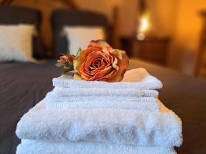 a rose sitting on top of towels on a bed at Gîte & Spa PRIVÉ "La Colline de Laveline" Proche GÉRARDMER in Laveline-du-Houx