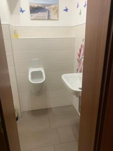ein Badezimmer mit einem Waschbecken, einem WC und einem Urinal in der Unterkunft Monteure & Handwerker einfach, unkompliziert und preiswert in Alsfeld in Alsfeld