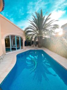 a swimming pool in a house with a palm tree at Impresionante villa con piscina in Oliva