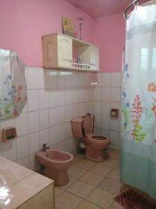 a pink bathroom with a toilet and a sink at Antsaly in Antananarivo