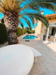 a white table next to a palm tree and a pool at Impresionante villa con piscina in Oliva