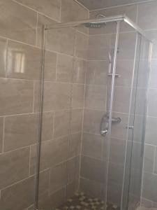 y baño con ducha y puerta de cristal. en Virgin guesthouse en Francistown