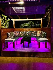 une table et deux canapés sur une scène avec des lumières violettes dans l'établissement Gîte Ty Koko, à Saint-François
