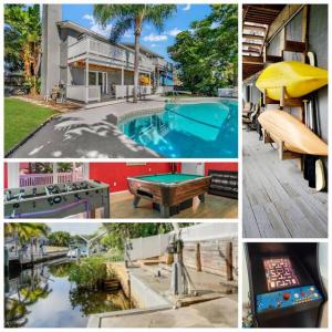 un collage de fotos de una piscina y una casa en Florida Life on the Water. Heated Pool, fishing, kayaks, gameroom en Palm Harbor