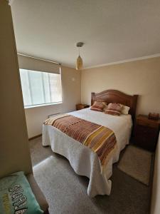 um quarto com uma cama grande e uma janela em Apartamento full equipado em Temuco
