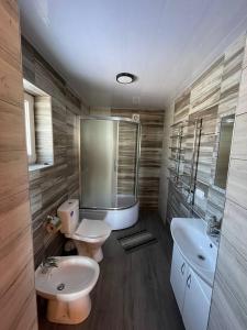 マイコリチンにあるFilin Houseのバスルーム(洗面台2台、トイレ、バスタブ付)
