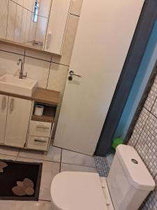 ein Badezimmer mit einem weißen WC und einem Waschbecken in der Unterkunft Iguaçu House in Foz do Iguaçu