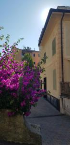 un bâtiment avec des fleurs violettes sur son côté dans l'établissement Altamarea, à Gênes