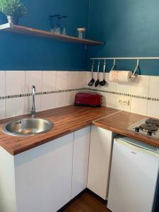 een keuken met een wastafel en een houten aanrecht bij Studio cosy parking gratuit et à 5 minutes gare in Le Plessis-Bouchard