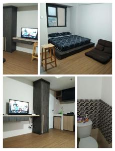 three pictures of a room with a bed and a television at Urbantown Serpong in Dukuh